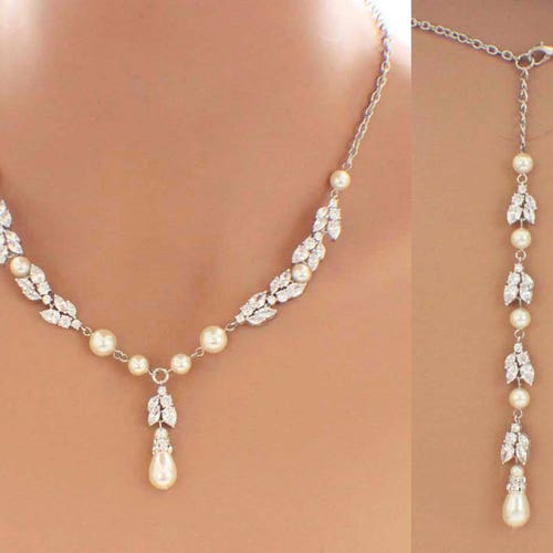 Gold Backdrop Necklace Set Bridal Jewelry Set Pearl Wedding Etsy