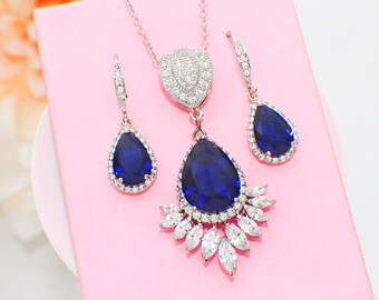 Bridesmaid gift set, blue bridal necklace and earrings set, blue CZ wedding jewelry set, something blue, bridesmaid bridal party jewelry