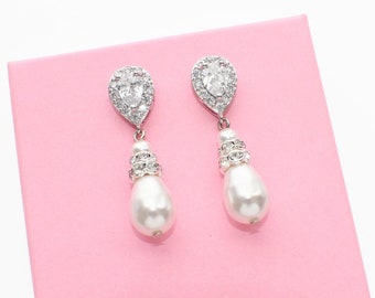 Pearl drop earrings, pearl wedding jewelry, bridal pearl earrings, bridesmaid earrings, wedding earrings, bridal accessories Swarovski pearl