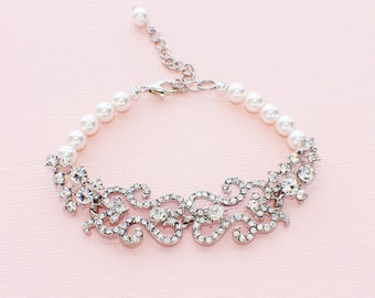 Rhinestone bridal bracelet, pearl crystal wedding bracelet, Victorian bracelet, wedding jewelry, bridal jewelry accessory, bridesmaid gift
