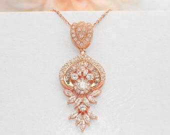 Cubic zirconia necklace, Rose Gold wedding jewelry, crystal wedding necklace, bridal jewelry, bridal crystal necklace, CZ jewelry