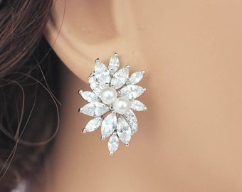 Crystal bridal earrings, bridesmaid jewelry, wedding jewelry, crystal and pearl earrings, CZ stud earrings, wedding accessories
