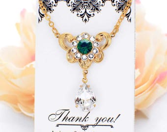 Vintage style necklace, Gold crystal necklace, emerald green necklace, green bridal jewelry, rhinestone bridesmaid necklace, maid of honor