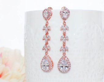 Long wedding earrings, statement bridal earrings, Rose Gold wedding jewelry, bridal earrings, crystal jewelry, bridal jewelry, Art Deco