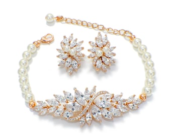 Pearl bracelet set, Gold bridal earrings bracelet set, pearl jewelry set, wedding jewelry set, bridal jewelry set, Art Deco jewelry set