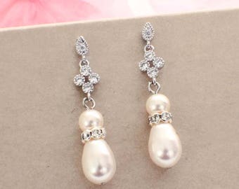 Pearl bridesmaid earrings, crystal pearl earrings, bridesmaid gift, crystal bridal earrings, bridal jewelry, pearl drop, wedding earrings