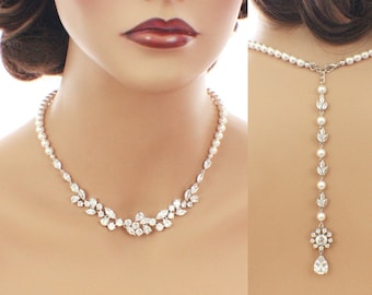 Backdrop bridal necklace, Swarovski pearl, cubic zirconia, statement wedding jewelry, crystal back drop necklace for bride