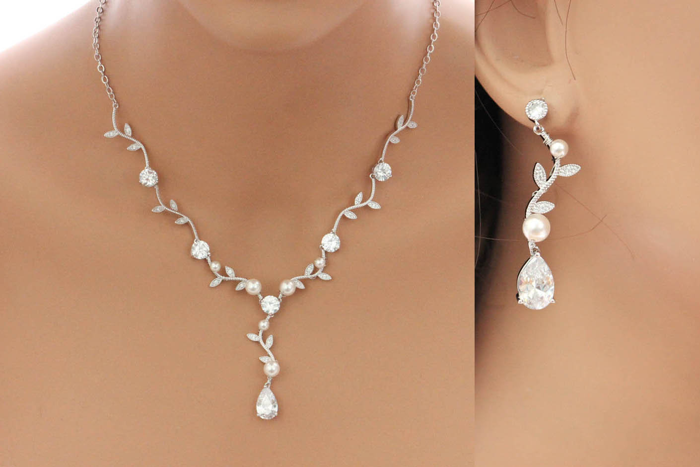 Wedding jewelry, bridal jewelry set, vine crystal necklace earring se…