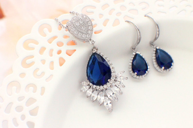 Bridesmaid gift set, blue bridal necklace and earrings set, blue CZ wedding jewelry set, something blue, bridesmaid bridal party jewelry image 4