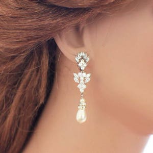 Pearl jewelry set, bracelet earring set, Swarovski pearl, cubic zirconia, pearl bracelet, pearl drop earrings, wedding bracelet and earrings image 4