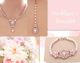 Rose gold pearl crystal wedding jewelry set, backdrop necklace & bracelet, wedding accessories, bridal jewelry set, Swarovski pearl, CZ set