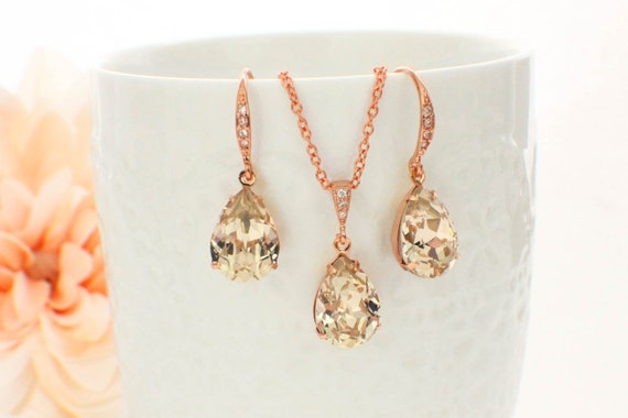 Champagne Wedding Necklace. Teardrop Necklace Earring Set | Etsy