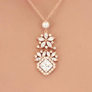 Crystal jewelry set, rose gold necklace set, cubic zirconia, crystal bridal necklace earrings, bridal jewelry set, wedding jewelry set immagine 2