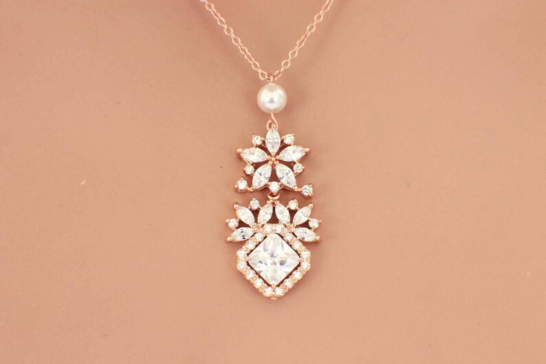 Crystal jewelry set, rose gold necklace set, cubic zirconia, crystal bridal necklace earrings, bridal jewelry set, wedding jewelry set immagine 2