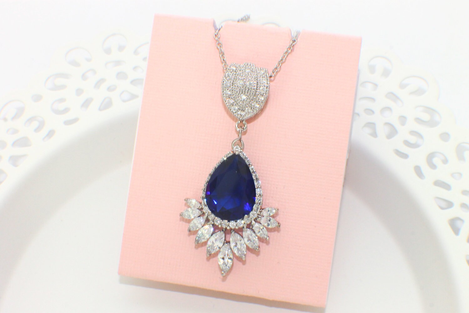 Blue Bridal Necklace Cubic Zirconia Wedding Jewelry Gift Etsy