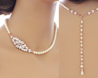 Bridal backdrop necklace, rose gold, Swarovski pearl, wedding necklace, pearl wedding accessory, cubic zirconia necklace, pearl crystal