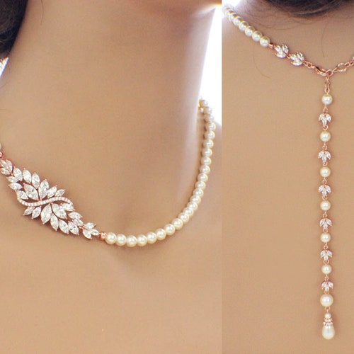 Gold Backdrop Necklace Set Bridal Jewelry Set Pearl Wedding Etsy