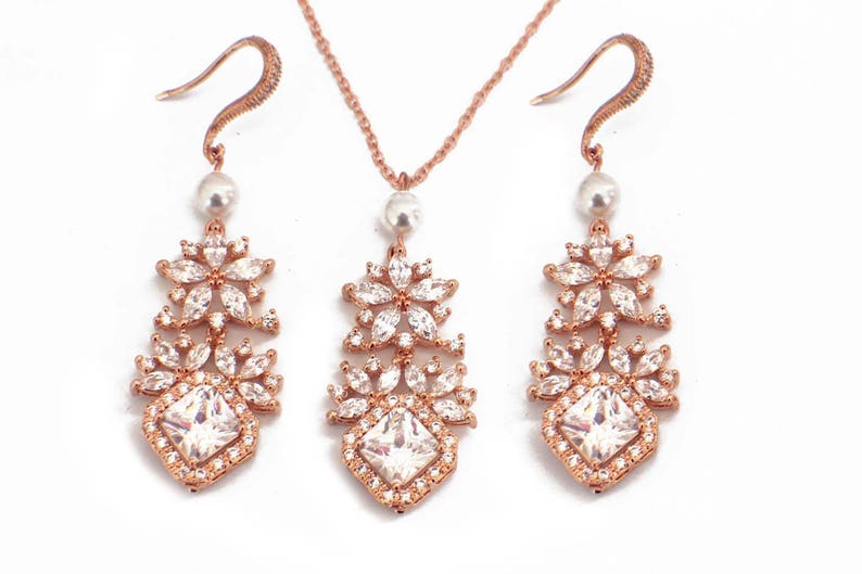 Crystal jewelry set, rose gold necklace set, cubic zirconia, crystal bridal necklace earrings, bridal jewelry set, wedding jewelry set immagine 1