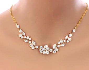 Gold CZ bridal necklace, wedding jewelry, Swarovski crystal necklace, cubic zirconia, bridal jewelry, wedding necklace, bridal accessory