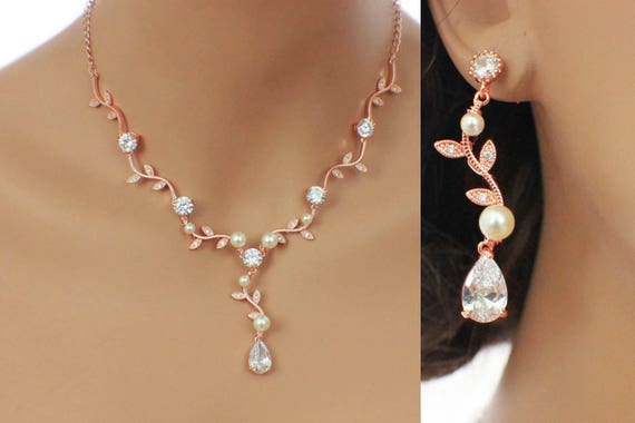 Rose Gold Rhinestone Necklace & Earrings Bridal Wedding Jewelry Set