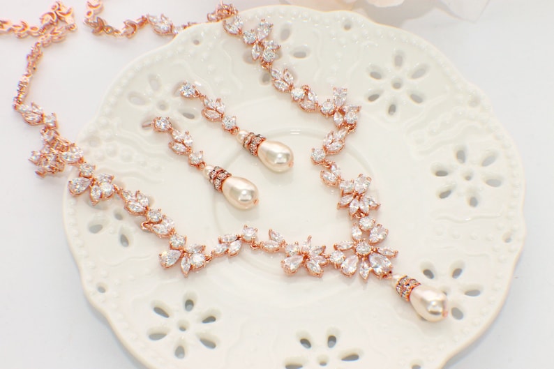 Crystal necklace set, Rose Gold, wedding jewelry set, wedding accessories, pearl bridal jewelry set, vintage style necklace set, weddings image 5