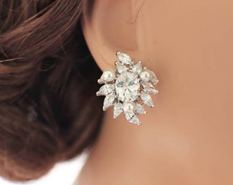 Crystal cluster earrings, vintage style, wedding stud earrings, cubic zirconia bridal earrings, jewelry for bridesmaids, bridal party gift