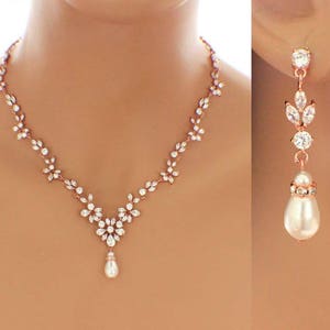 Crystal necklace set, Rose Gold, wedding jewelry set, wedding accessories, pearl bridal jewelry set, vintage style necklace set, weddings image 1