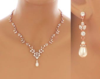 Crystal necklace set, Rose Gold, wedding jewelry set, wedding accessories, pearl bridal jewelry set, vintage style necklace set, weddings