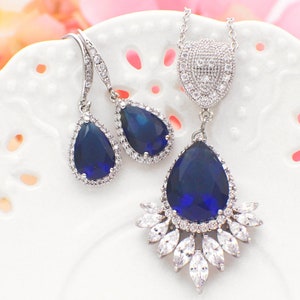 Bridesmaid gift set, blue bridal necklace and earrings set, blue CZ wedding jewelry set, something blue, bridesmaid bridal party jewelry image 3