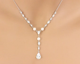 Dainty wedding necklace, simple bridal necklace, cubic zirconia, Swarovski crystal, pearl Y necklace, bridal wedding jewelry