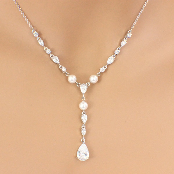 Dainty wedding necklace, simple bridal necklace, cubic zirconia, Swarovski crystal, pearl Y necklace, bridal wedding jewelry