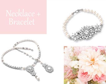 Backdrop necklace bracelet set, wedding accessories, bridal jewelry set, cubic zirconia, Swarovski pearl jewelry, wedding jewelry, bride