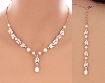 Wedding accessories, rose gold jewelry set, CZ necklace, CZ earrings, bridal jewelry set, backdrop necklace earrings, wedding jewelry set