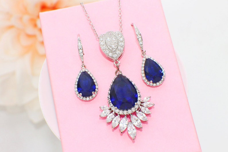 Bridesmaid gift set, blue bridal necklace and earrings set, blue CZ wedding jewelry set, something blue, bridesmaid bridal party jewelry image 1