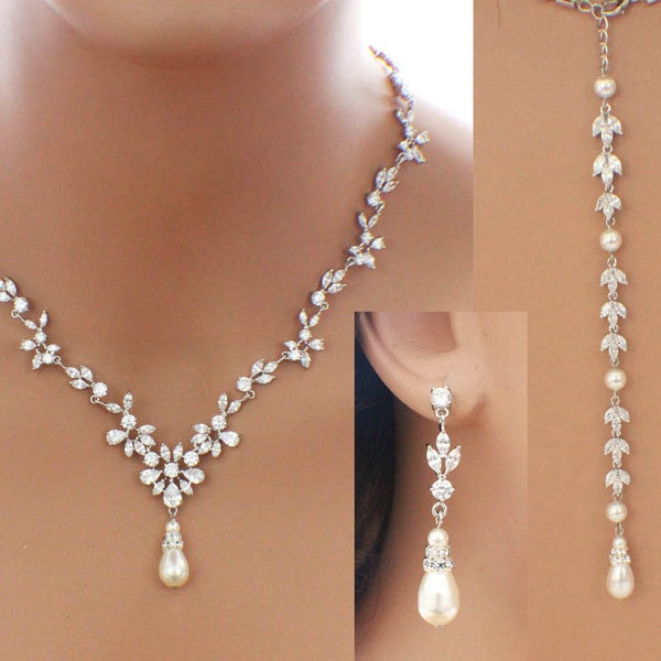 Wedding jewelry, bridal back drop necklace and earrings set, cubic zirconia, Swarovski pearl crystal jewelry set