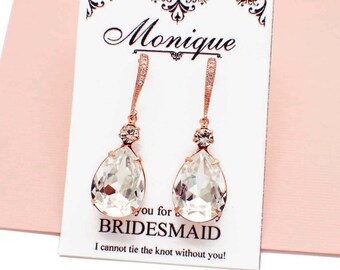 Bridesmaid drop earrings, Rose Gold, Swarovski crystal earrings, personalized bridesmaid gift, wedding drop earrings, bridal earrings