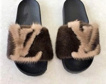 Real Mink Fur Slides Designer Inspired Slippers BROWN Handmade
