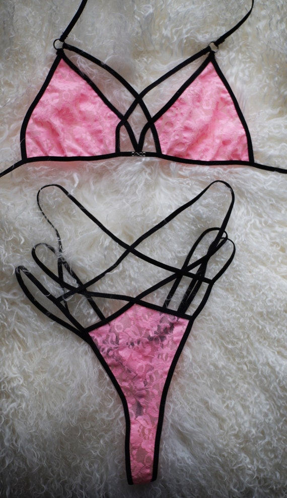 Pink Stretch Lace Infinity Cage Bralette Set 