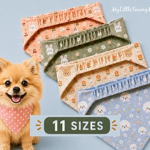 May include: A fluffy tan dog wearing a pink polka dot bandana, accompanied by four triangular pet bandanas in peach, olive green, beige, and light blue, each featuring floral and animal patterns and elastic neckbands. Text reads 11 SIZES.