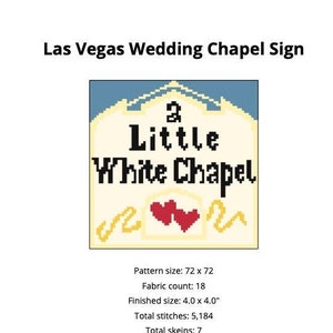 Könnte beinhalten: Ein Kreuzstichmuster für ein Schild mit der Aufschrift "A Little White Chapel" mit zwei roten Herzen und einem gelben Wirbelmuster. Das Muster ist 72 Stiche mal 72 Stiche groß und benötigt 18er Stoff. Die fertige Größe beträgt 4 Zoll mal 4 Zoll und verwendet 7 Knäuel Garn.