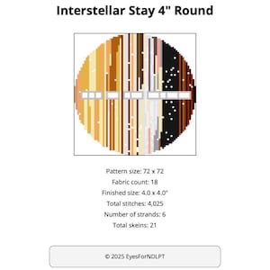 May include: A colorful round cross-stitch pattern with a black and white center. The pattern is 72 stitches by 72 stitches and requires 18 fabric count, 6 strands of floss, and 21 skeins of floss. The finished size is 4 inches by 4 inches.