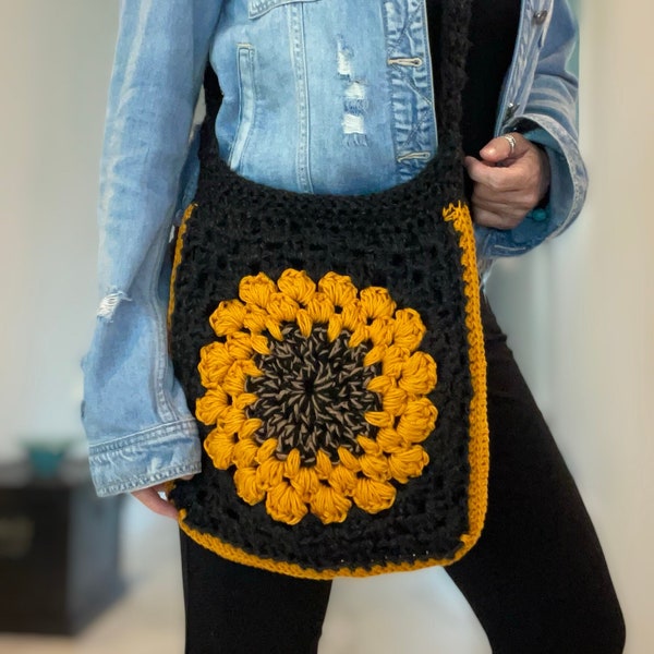 Tournesol sac Crochet motif, Crochet fleur sac motif, sac à bandoulière au Crochet, Boho sac Crochet motif, cadeau tournesol, Boho Crochet