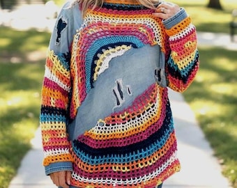 One of a Kind Upcycled Crochet & Denim Sweater | Handmade Wearable Art | Boho Slow Fashion Pullover