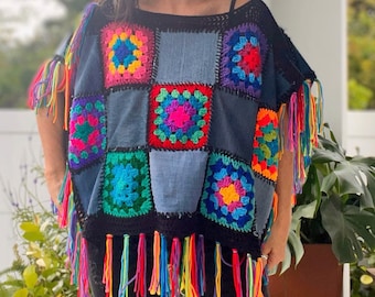 Groovy Granny Poncho, DIY Poncho, Upcycled Poncho, Upcycled Pattern, Crochet Pattern, Granny Square Pattern, DIY Clothing, Boho Top, DIY Top