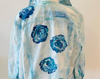 Hand Painted Denim Jacket Oversized Blue Floral Jacket | One of a Kind Wearable Art | Upcycled Boho Denim | Artistic Statement Jacket