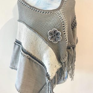 Handmade Knit and Crochet Poncho | Neutral Gray Colorblock with Upcycled Accents and Flower Detail | One of a Kind
