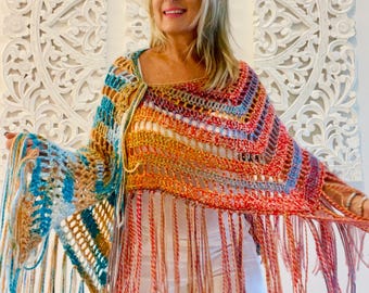 Bohemian Fringe Poncho: Colorful Crochet Boho Top