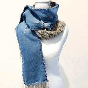 Upcycled Denim Knit Scarf: Handmade Boho Fringe Wrap