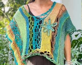 Handmade Freestyle Crochet Poncho, Artistic Top, Knit Top, One of a Kind