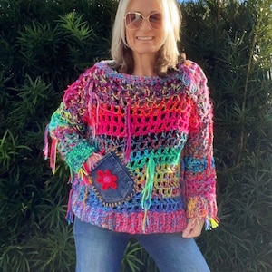 Rainbow Sweater, Upcycled Sweater, Colorful Crochet Sweater One Of A Kind Handmade Sweater